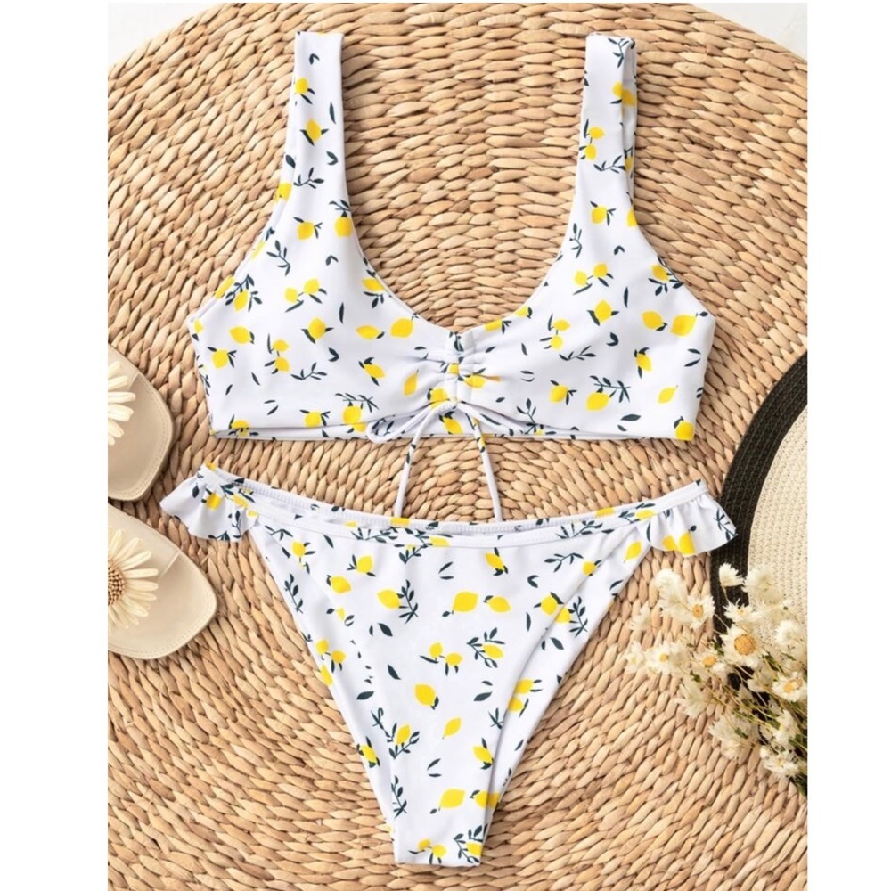 SHEIN White Lemon Print Tie-Front Bikini Set